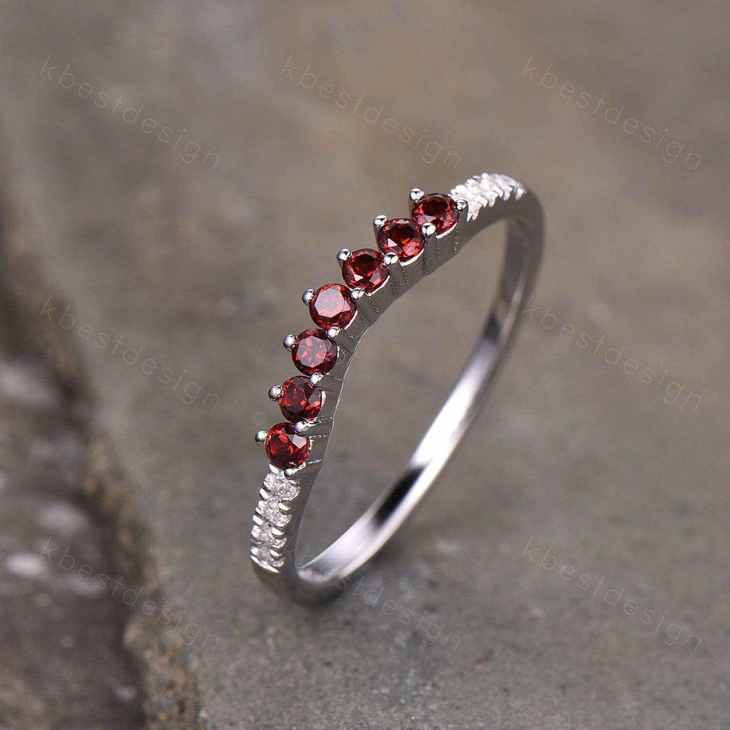 Delicate Garnet Wedding Band Sterling Silver Ring Curved Stacking Ring Gemstone Band January Birthstone Ring Anniversary Gift for Her