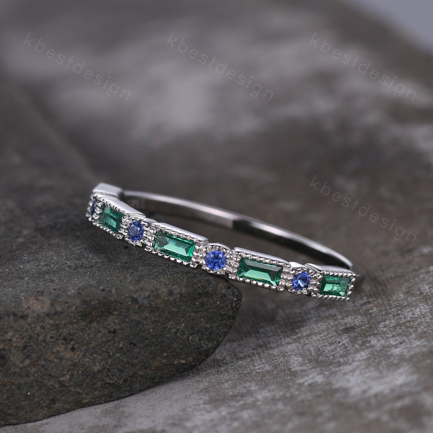 Art Deco Emerald sapphire wedding band silver baguette band women wedding ring May birthstone ring vintage stacking Anniversary gift
