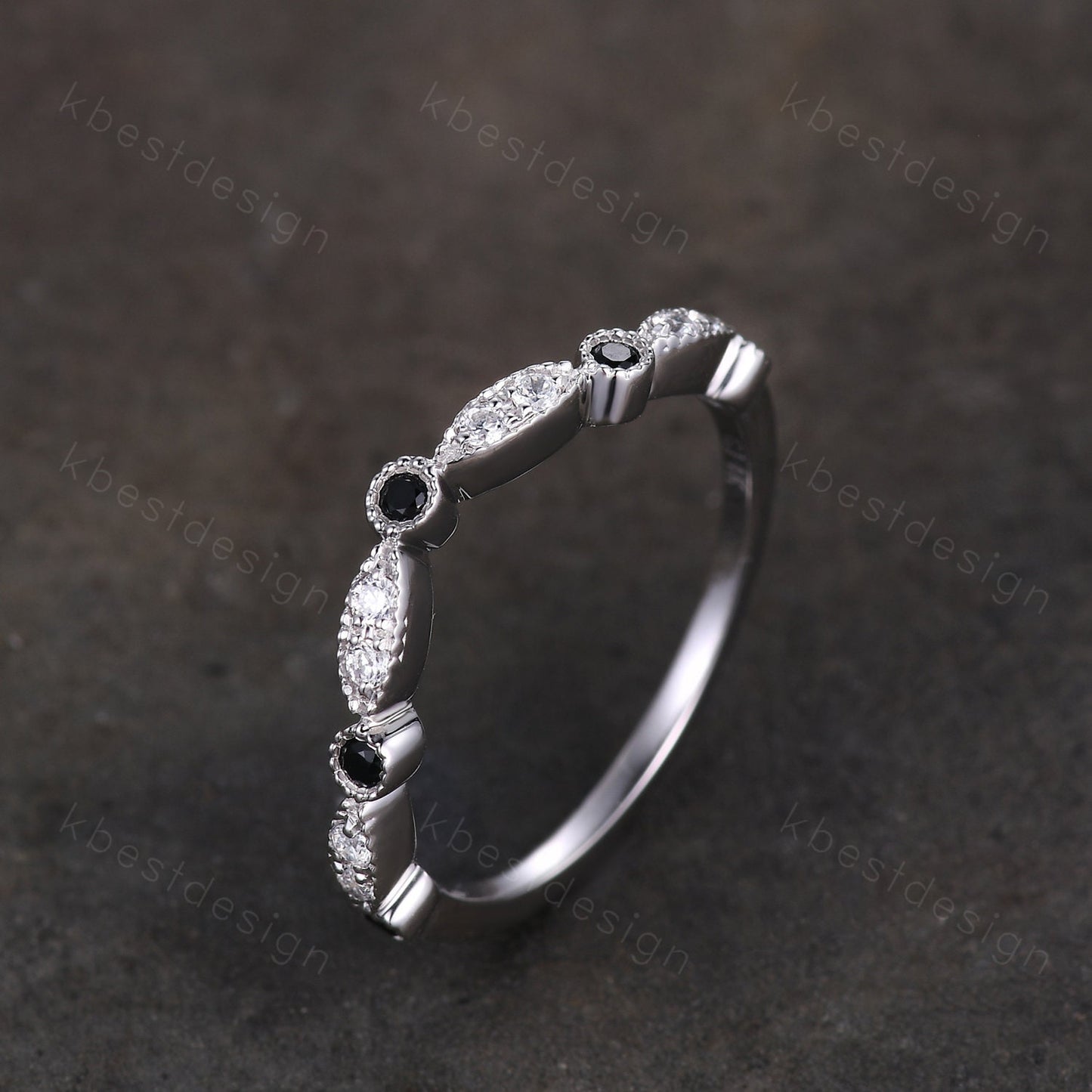 Curved moissanite wedding band sterling silver black spinel wedding ring art deco stacking matching band women anniversary gift