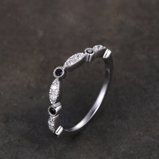 Curved moissanite wedding band sterling silver black spinel wedding ring art deco stacking matching band women anniversary gift