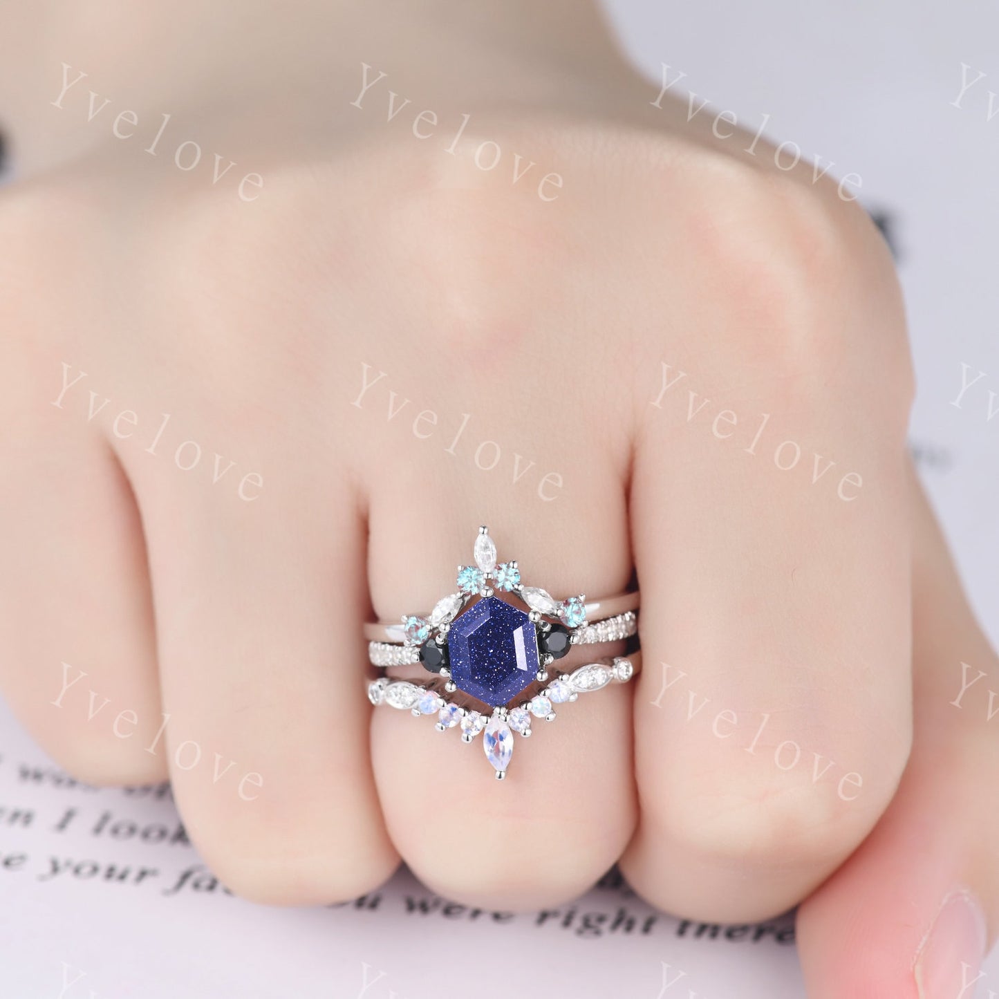 Vintage hexagon sandstone engagement ring,Unique wedding set,Art deco alexandrite moonstone moissanite matching stacking ring,bridal set