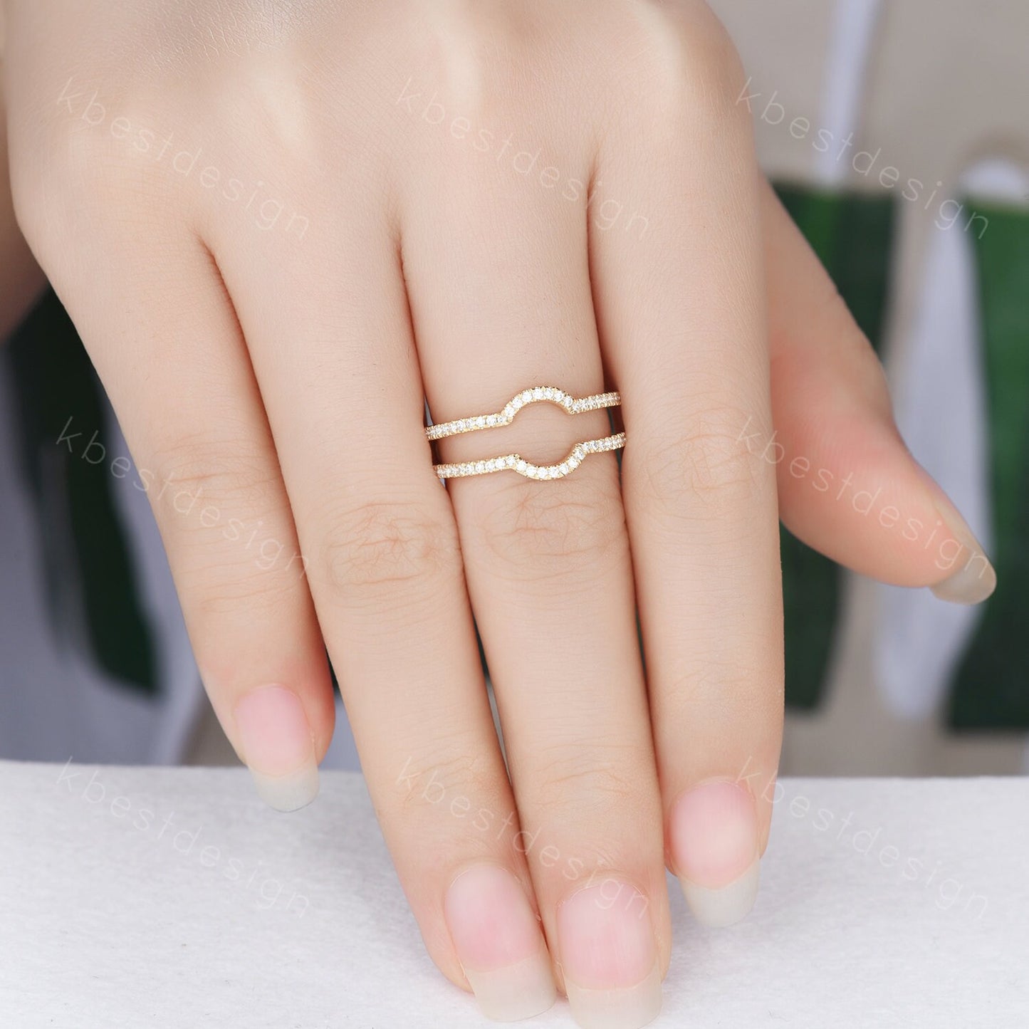 Dainty curved Moissanite wedding band Yellow gold double curve stacking band half eternity enhancer matching band Unique bridal promise gift