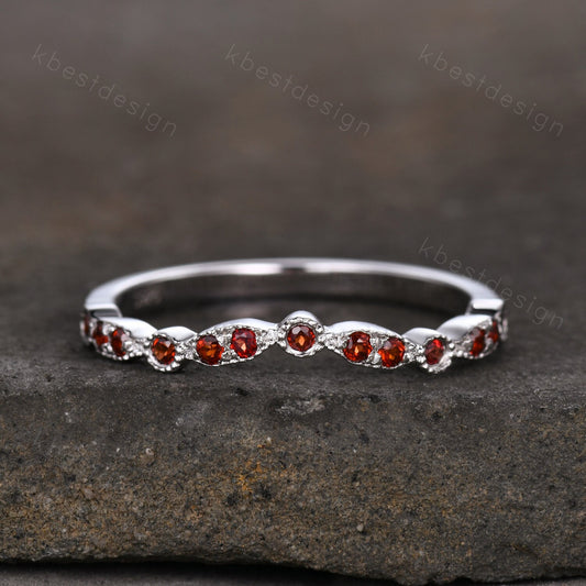 Art Deco Ring Half Eternity Garnet Wedding Band Delicate Curved Stacking Band January Birthstone Ring Sterling Silver Ring Anniversary Gift