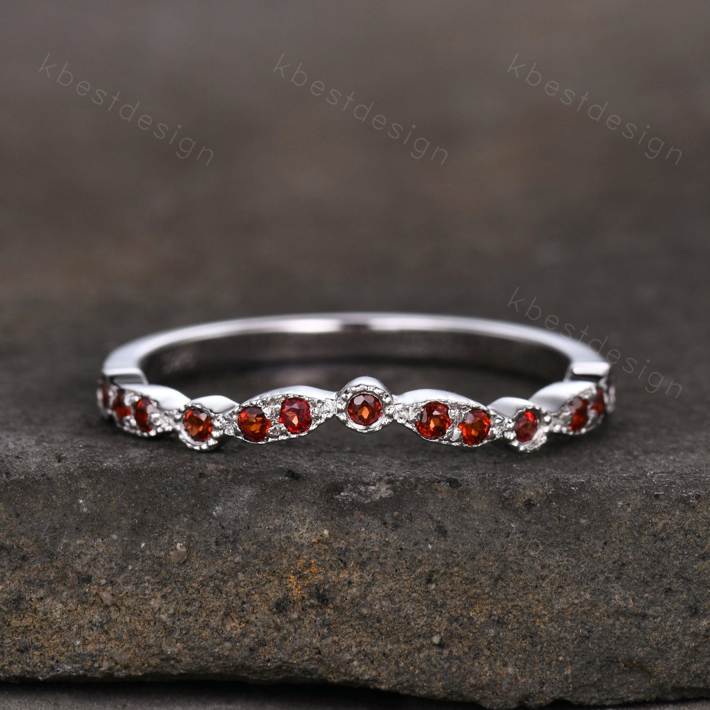 Art Deco Ring Half Eternity Garnet Wedding Band Delicate Curved Stacking Band January Birthstone Ring Sterling Silver Ring Anniversary Gift