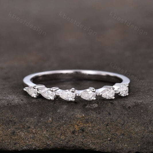 Unique Moissanite wedding band women pear cut Half eternity band Sterling silver wedding band Diamond wedding band promise Anniversary gift
