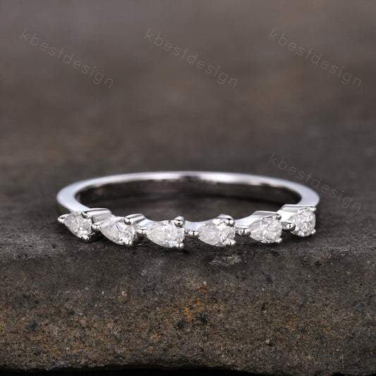 Unique Moissanite wedding band women pear cut Half eternity band Sterling silver wedding band Diamond wedding band promise Anniversary gift