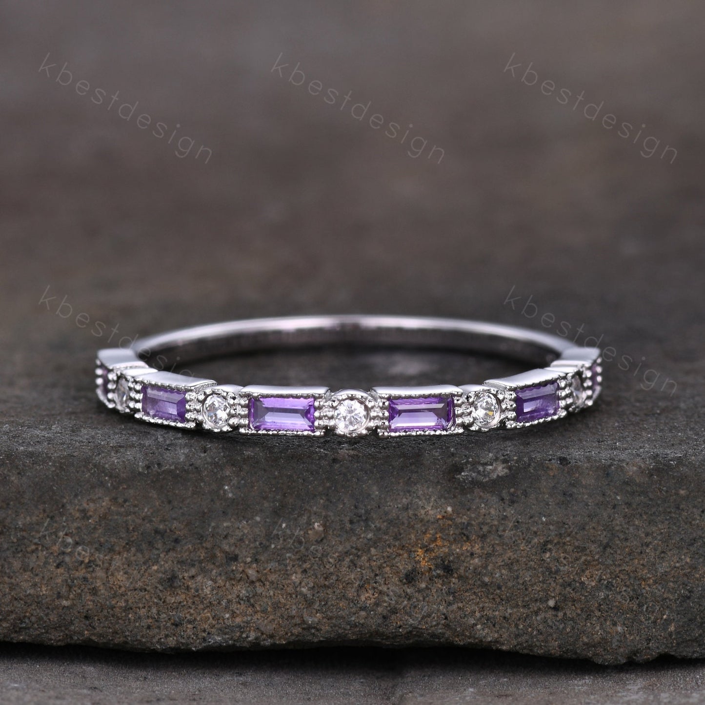 Natural Amethyst Ring, Baguette Amethyst Wedding Band, February Birthstone Ring, Art Deco Stacking Matching Band, Anniversary gift for women