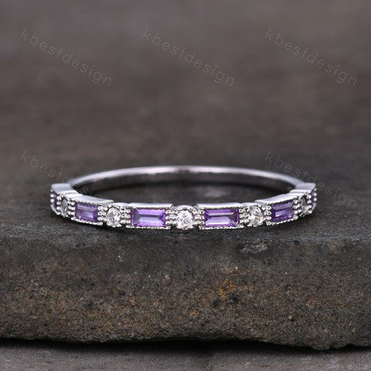 Natural Amethyst Ring, Baguette Amethyst Wedding Band, February Birthstone Ring, Art Deco Stacking Matching Band, Anniversary gift for women