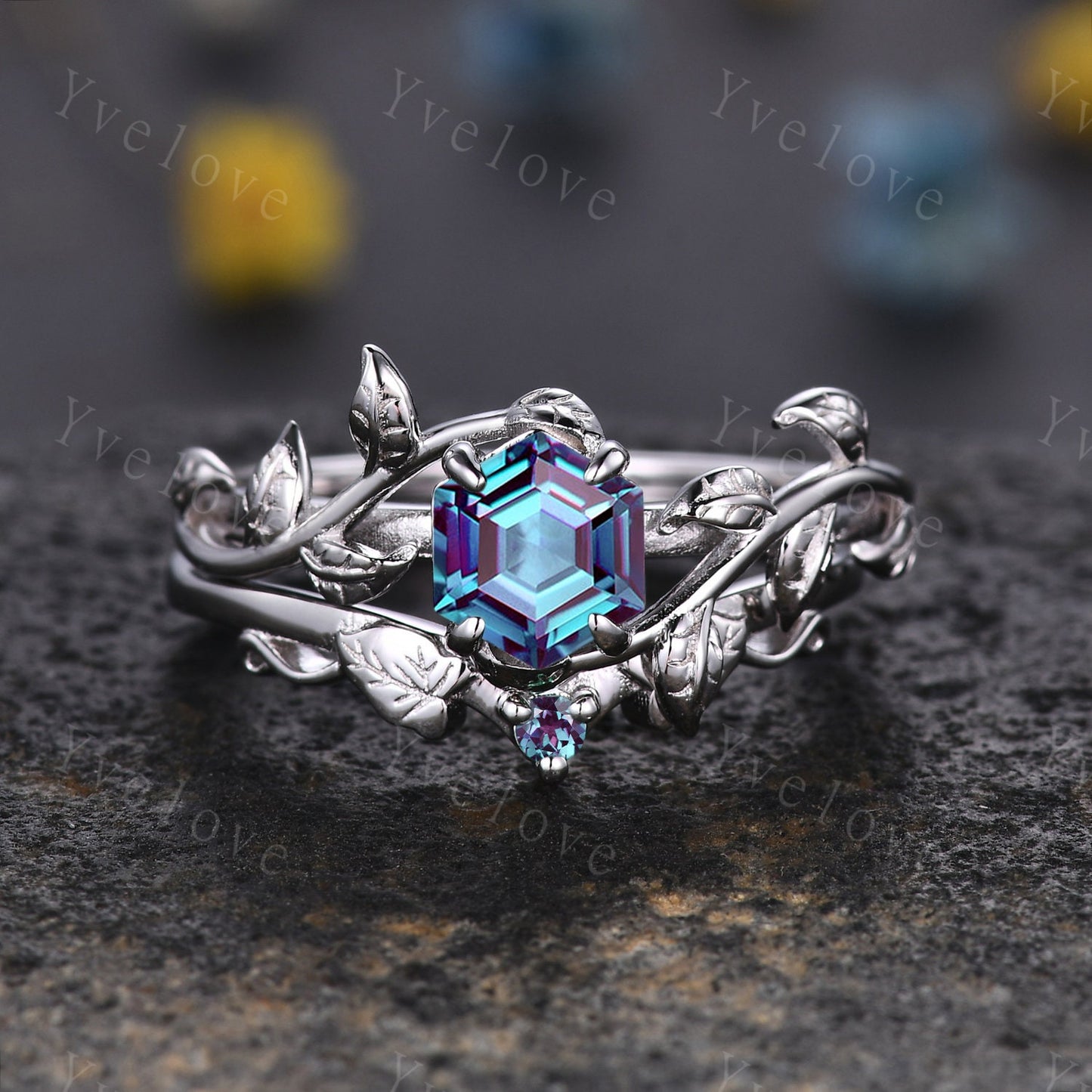 Hexagon Alexandrite Ring Set,Vintage Twig Vine Leaf Ring,Unique Alexandrite Engagement Ring,June Ring,Promise Anniversary Bridal Ring Gift