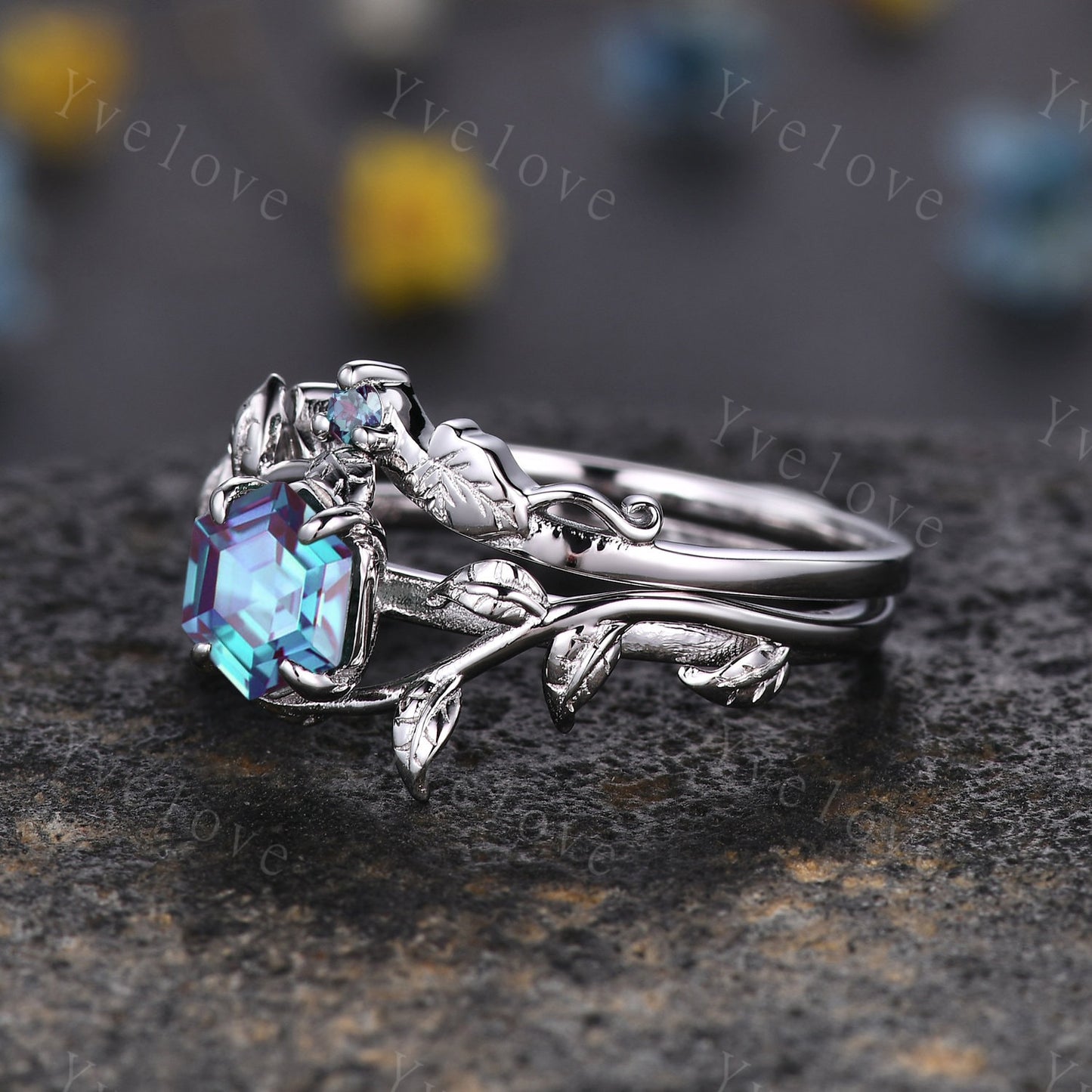 Hexagon Alexandrite Ring Set,Vintage Twig Vine Leaf Ring,Unique Alexandrite Engagement Ring,June Ring,Promise Anniversary Bridal Ring Gift