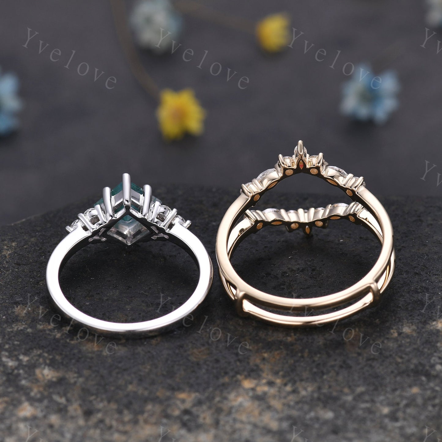 Unique Princess Cut Moss agate Ring Set,Moss Agate Engagement Ring,Enhancer Ring,Women Moissanite Bridal Stacking Double Curved Wedding band
