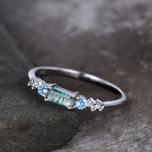 Vintage moss agate wedding ring unique baguette cut ring art deco blue topaz wedding band 7 stone ring moissanite wedding ring for women