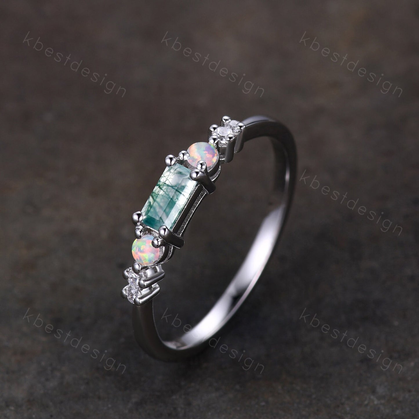 Baguette cut Moss Agate wedding band sterling silver Opal wedding band seven stone moissanite cluster ring unique women bridal ring