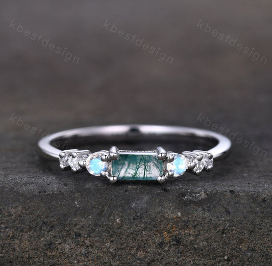 Baguette cut Moss Agate ring vintage seven stone ring unique moonstone wedding ring art deco cluster ring moissanite wedding promise ring