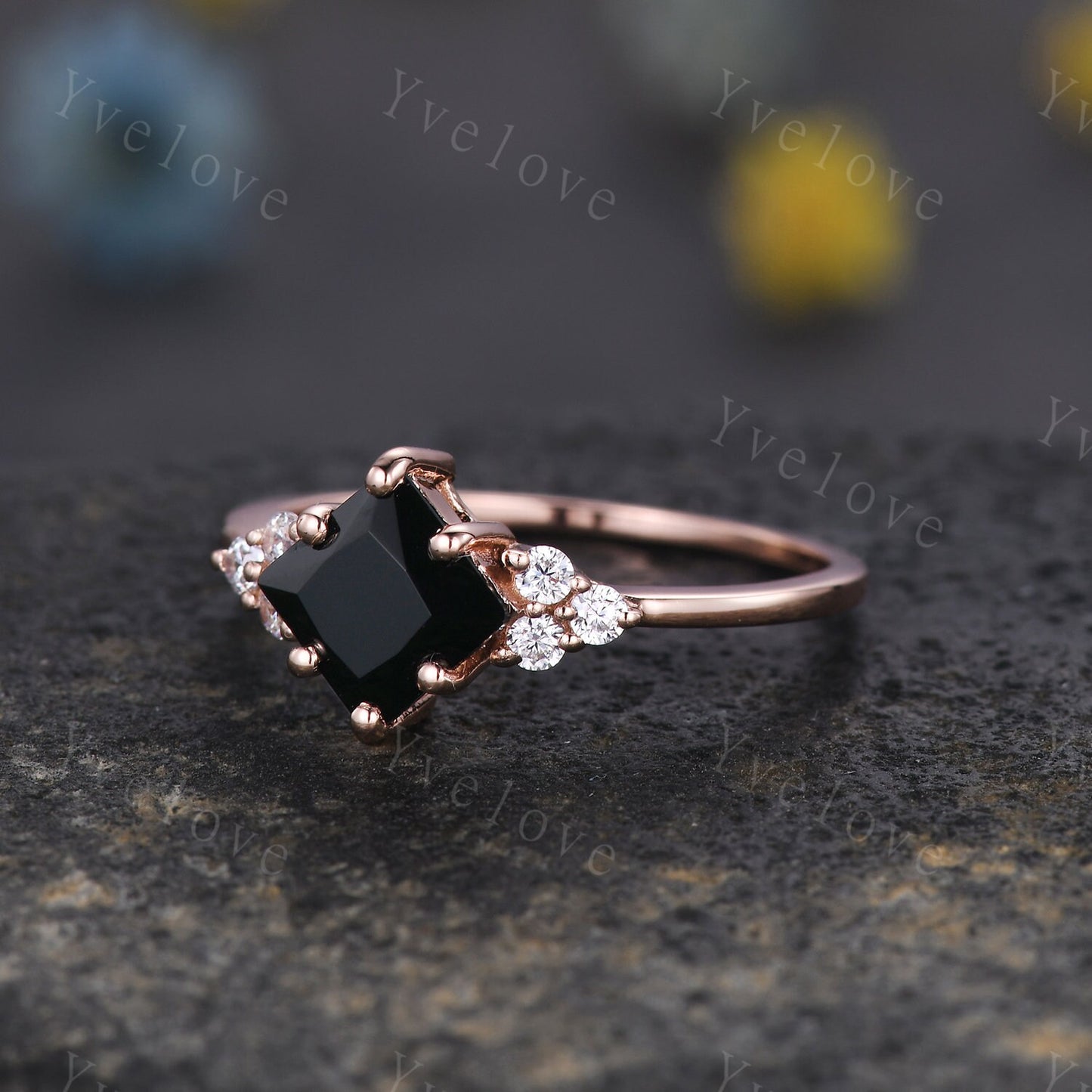 Vintage Retro Black Onyx Ring,6mm Princess Cut Onyx Engagement Ring,Moissanite Stacking band,Rose Gold,Women Promise Anniversary ring gift
