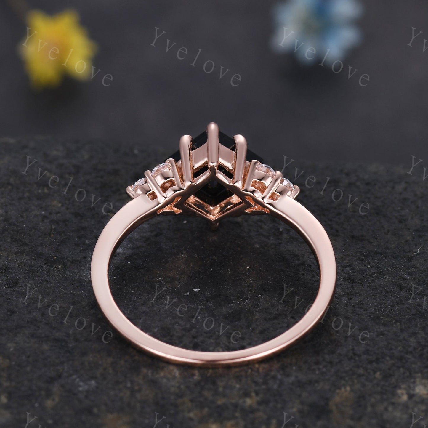 Vintage Retro Black Onyx Ring,6mm Princess Cut Onyx Engagement Ring,Moissanite Stacking band,Rose Gold,Women Promise Anniversary ring gift