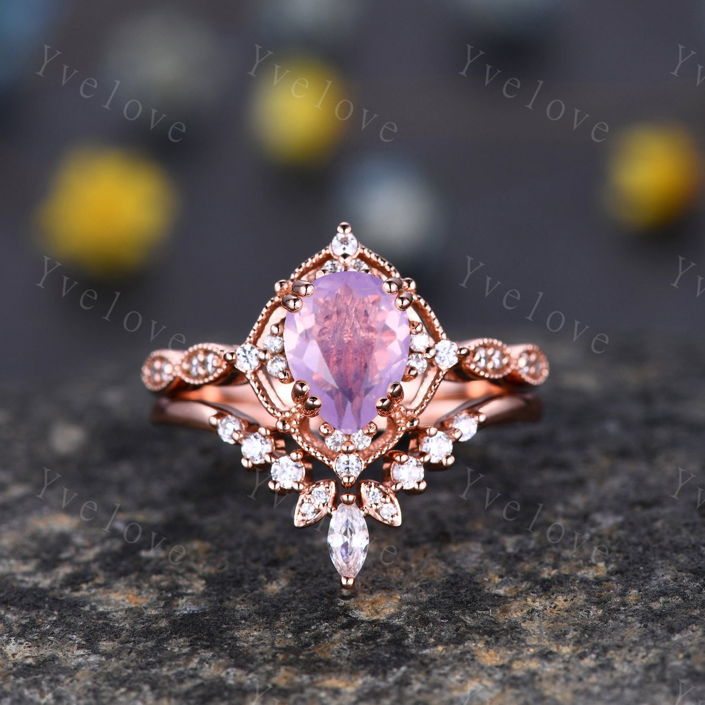 Vintage Lavender Amethyst Engagement Ring Set,6x8mm Pear Amethyst Bridal Set,V Curved Moissanite Stacking Band,Women Rings Gift,Platinum