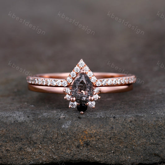 Dainty Black Rutilated Quartz Engagement Ring Set Rose Gold Art Deco Moissanite Stacking Band Minimalist Ring Unique Wedding Bridal Ring Set