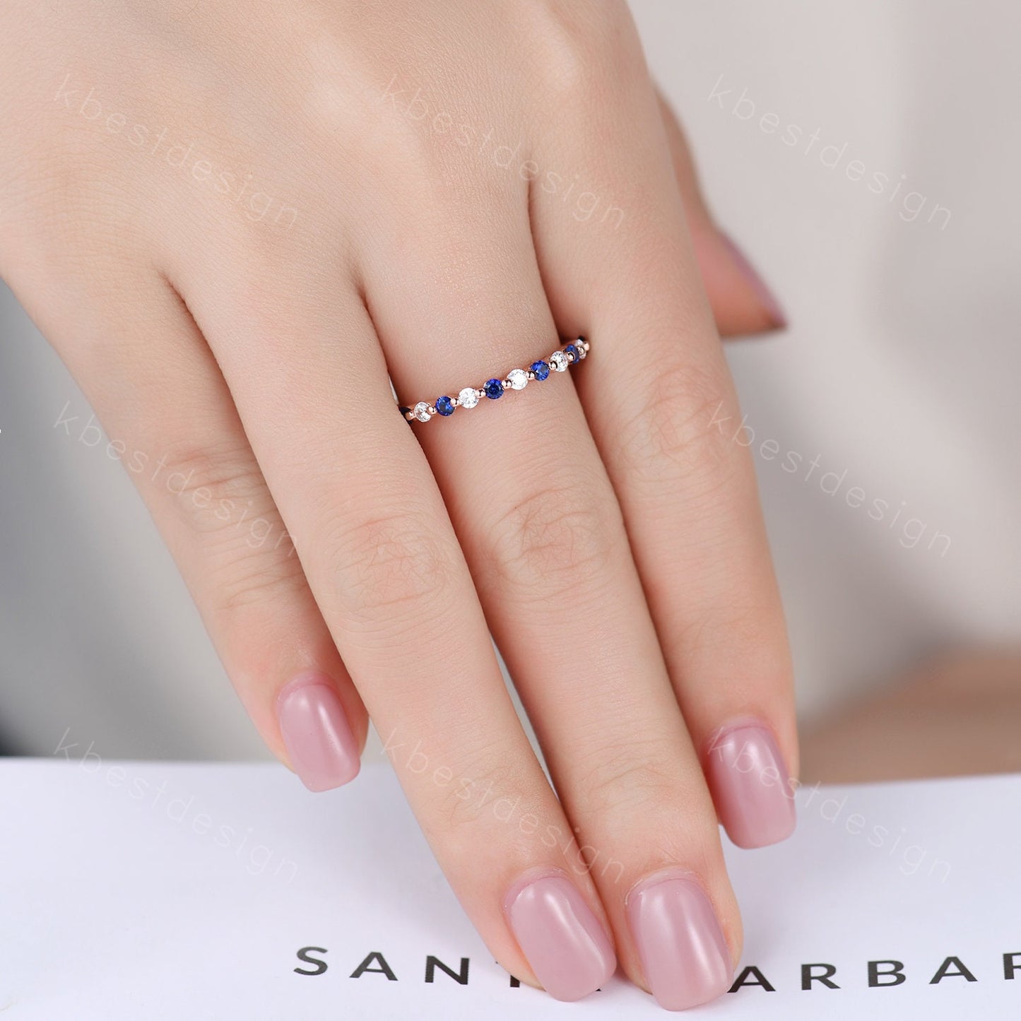 Half eternity Sapphire Moissanite Wedding Band Rose Gold Sapphire Band Unique Moissanite Stacking Band Minimalist Bridal Anniversary Ring