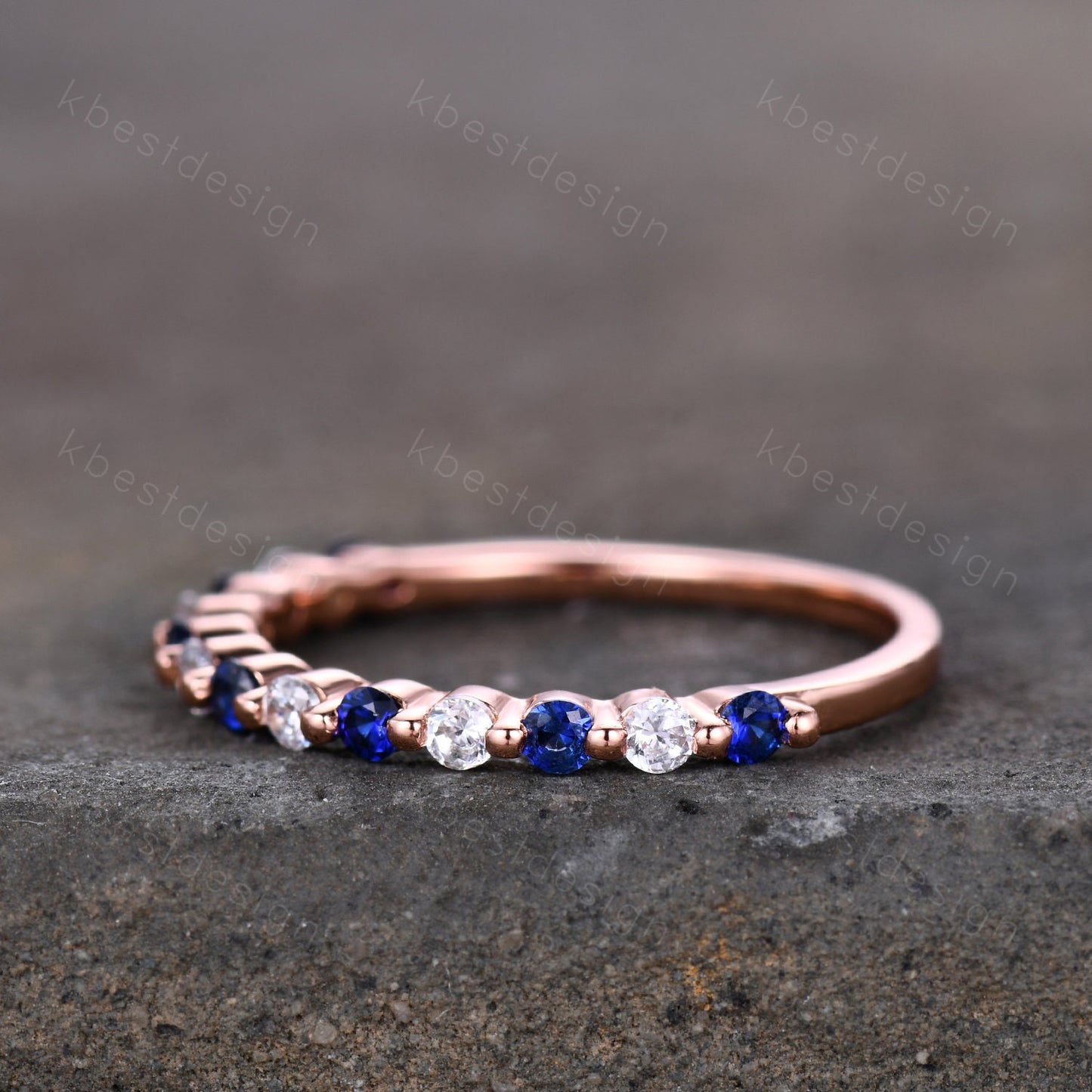 Half eternity Sapphire Moissanite Wedding Band Rose Gold Sapphire Band Unique Moissanite Stacking Band Minimalist Bridal Anniversary Ring