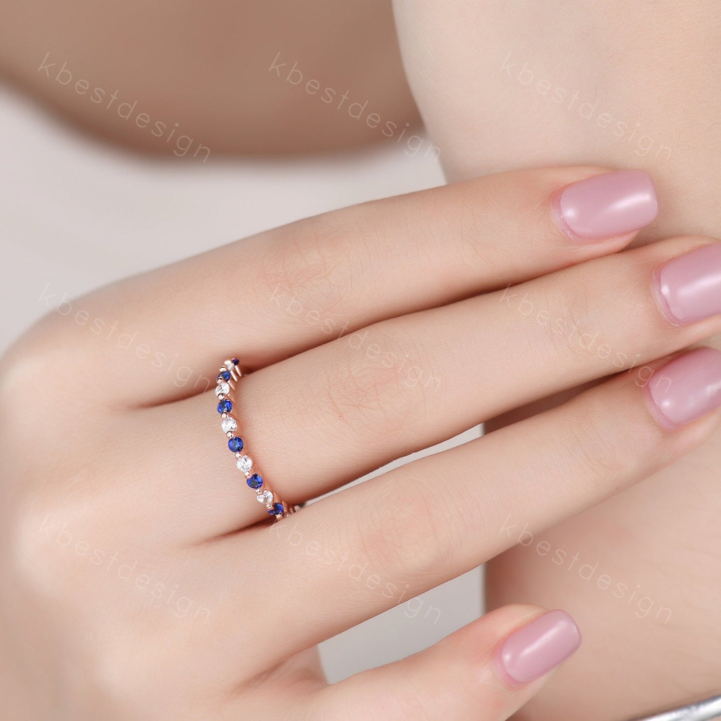 Half eternity Sapphire Moissanite Wedding Band Rose Gold Sapphire Band Unique Moissanite Stacking Band Minimalist Bridal Anniversary Ring
