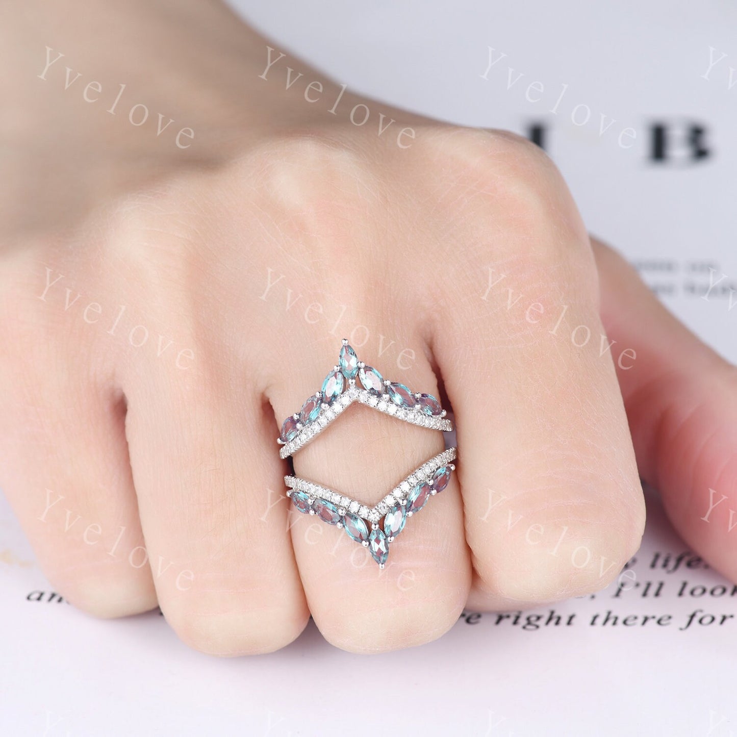 Unique Alexandrite ring,Alexandrite wedding band,Marquise Alexandrite enhancer ring,Curved V stacking band,Moissanite ring,white  gold ring