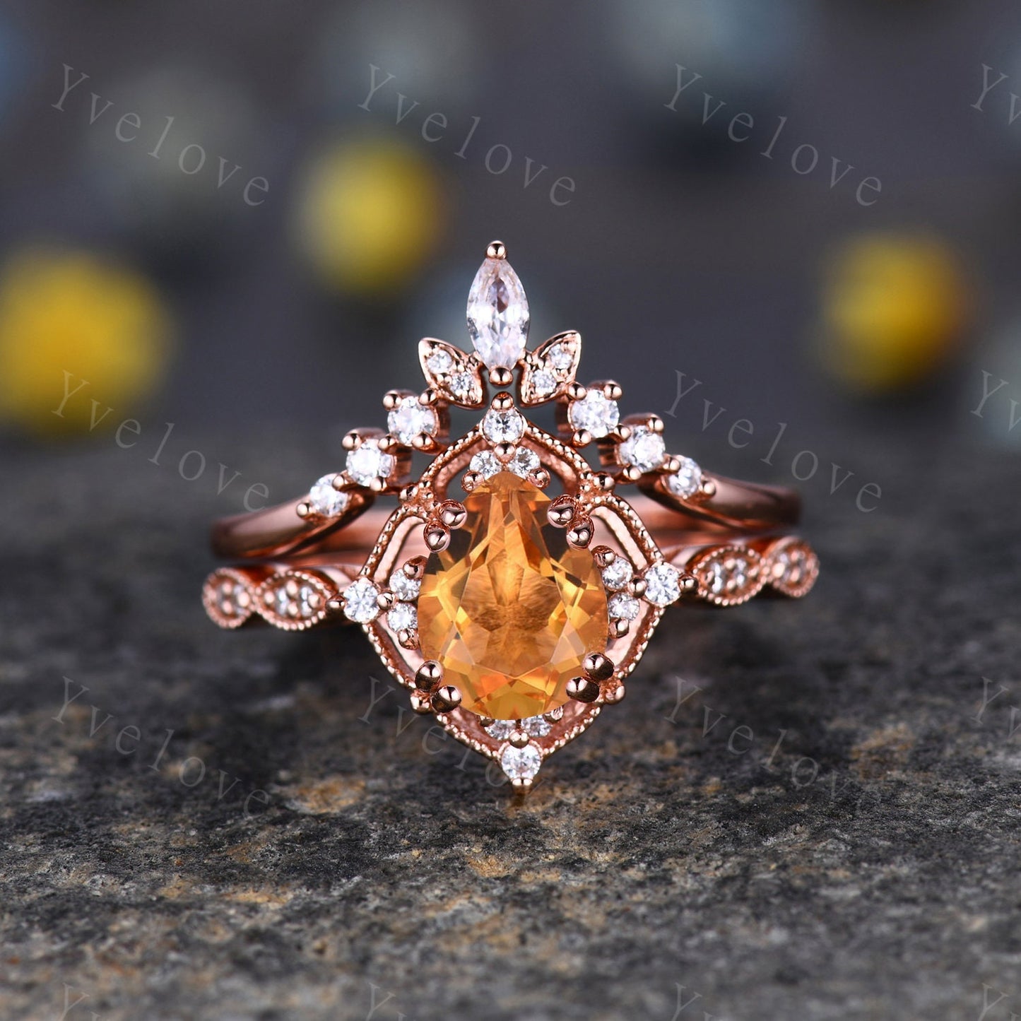 Vintage Citrine Engagement Ring Set,6x8mm Pear Shape Bridal Set,Moissanite Half Eternity Band,Solid Gold,Women Rings Gift For Her,Customized