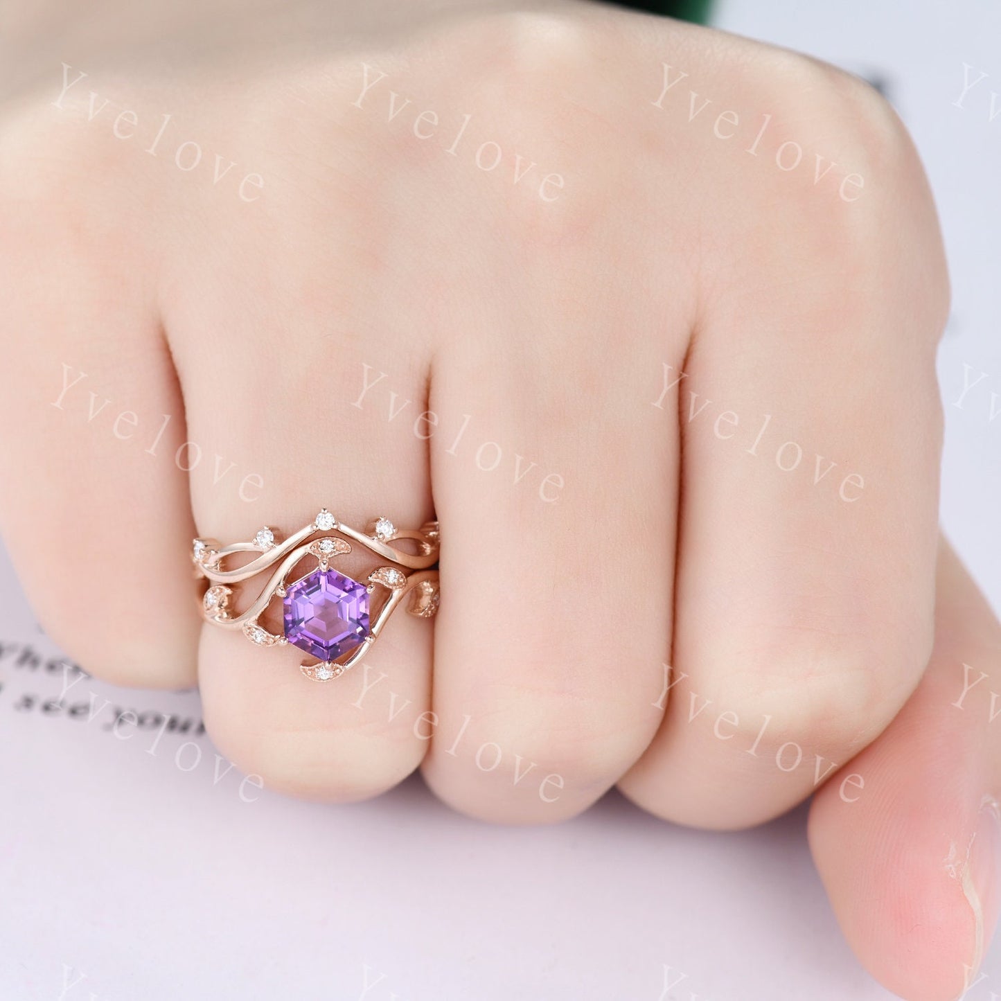 Retro hexagon Amethyst Ring,Vintage rose gold Ring Set,Unique Amethyst Engagement Ring,Promise Ring,Bridal Ring Set February Ring Mom Gift