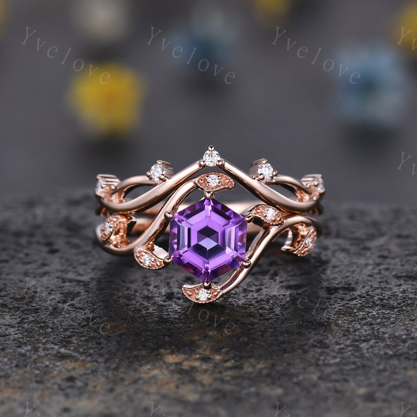 Retro hexagon Amethyst Ring,Vintage rose gold Ring Set,Unique Amethyst Engagement Ring,Promise Ring,Bridal Ring Set February Ring Mom Gift
