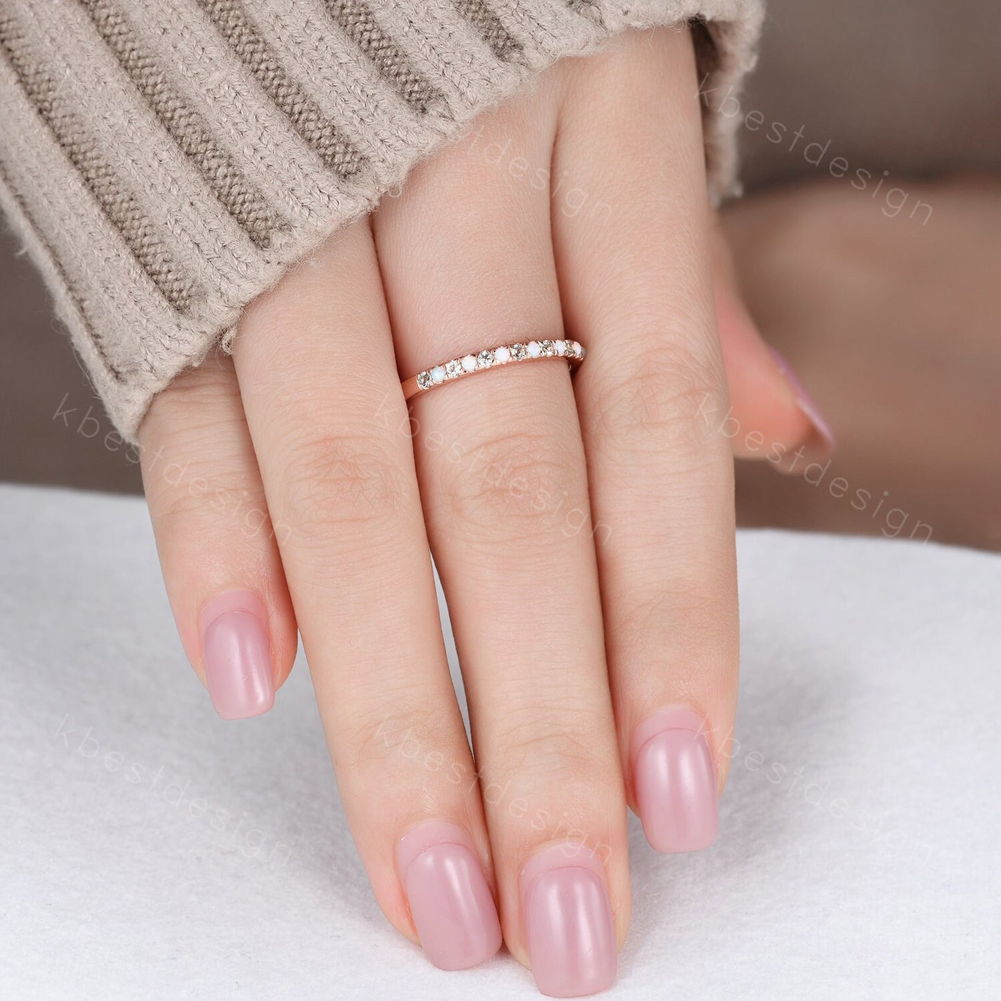 Half Eternity Peridot Opal Wedding Band, Rose Gold Wedding Ring, Opal Wedding Band, Dainty Stacking Matching Band, Anniversary Ring Gift