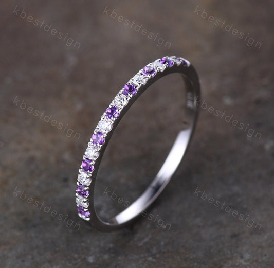 Delicate Amethyst Wedding Band Silver Amethyst Moissanite Band Minimalist Stackable Ring Half Eternity Wedding Band Promise Anniversary Ring