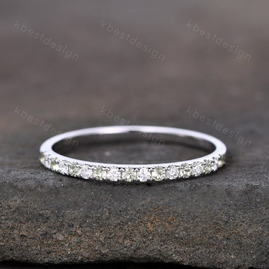 Half Eternity Band Peridot Ring Sterling Silver Moissanite Wedding Band August Birthstone Pave Stackable Band Anniversary Ring for Her