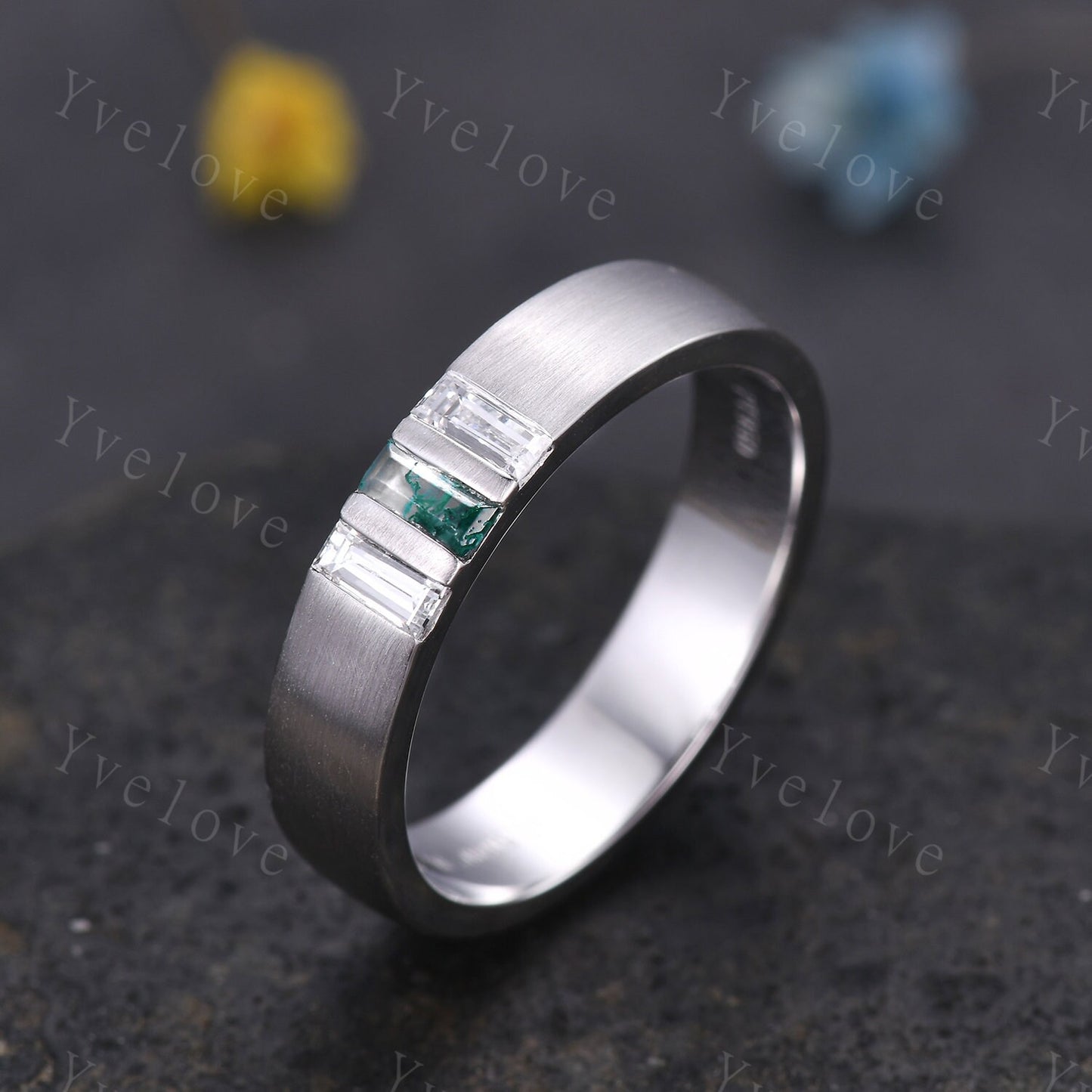 Mens Moss agate Wedding Band Brushed Baguette Green Agate Moissanite Band 5mm Solid Gold Ring Men Stacking Matching Band Retro Vintage Gift