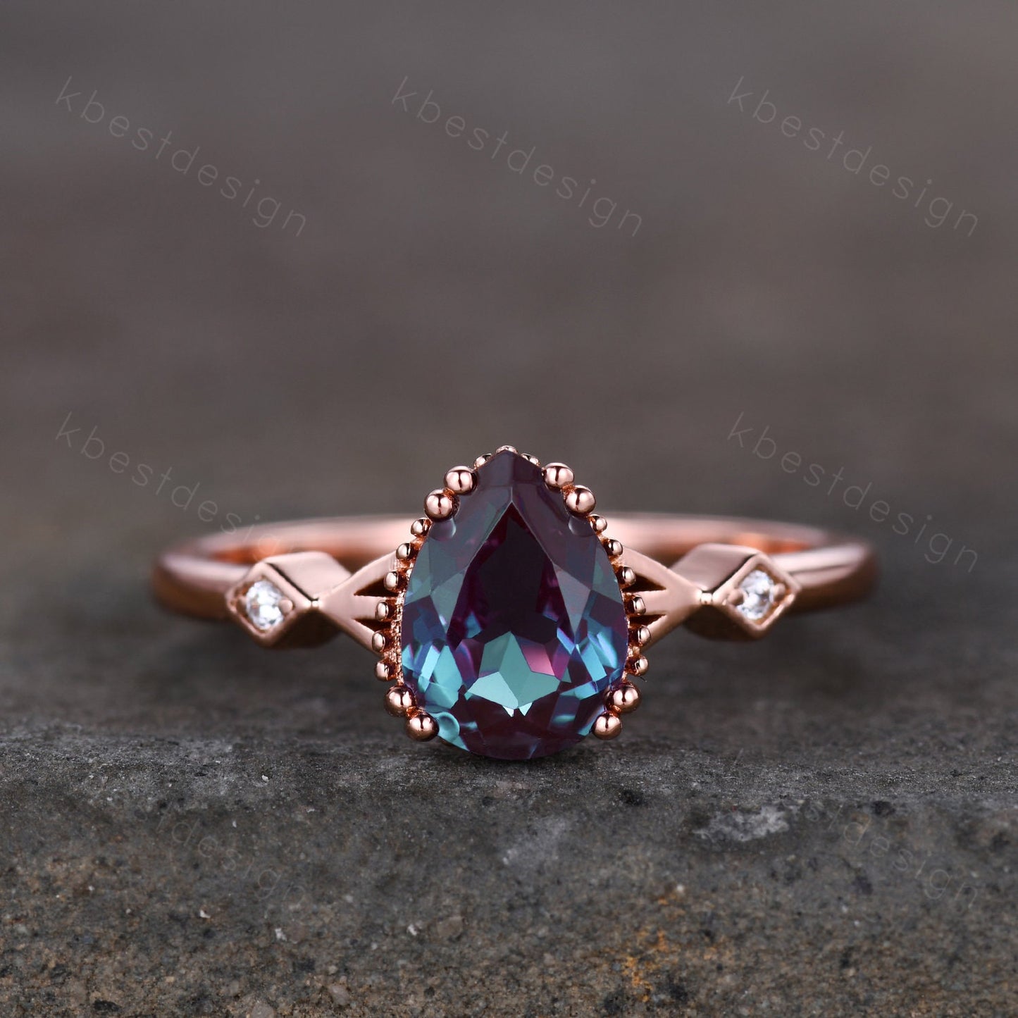 Pear shaped Alexandrite engagement ring vintage unique Alexandrite ring rose gold ring art deco milgrain bridal wedding ring June Birthstone