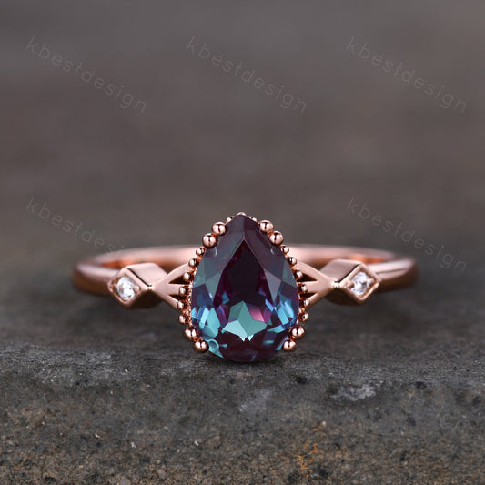 Pear shaped Alexandrite engagement ring vintage unique Alexandrite ring rose gold ring art deco milgrain bridal wedding ring June Birthstone