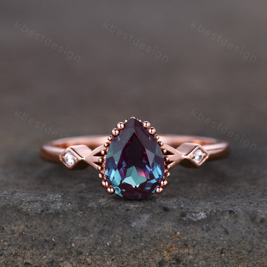 Pear shaped Alexandrite engagement ring vintage unique Alexandrite ring rose gold ring art deco milgrain bridal wedding ring June Birthstone