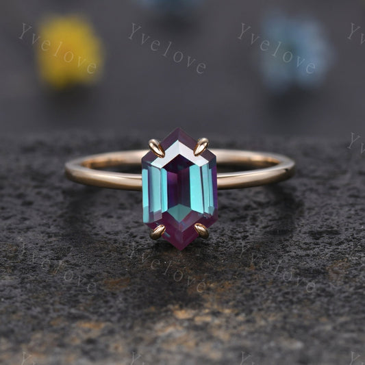 Vintage Hexagon Alexandrite engagement ring,Unique Alexandrite Wedding Ring,Solitaire Ring,Handmade Ring,Promise Stacking Ring,Gift For Her