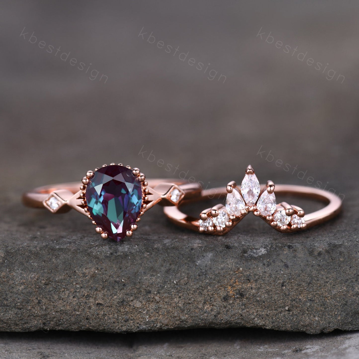 Pear shaped Alexandrite bridal ring set vintage Alexandrite engagement ring set unique curved moissanite wedding ring promise ring set