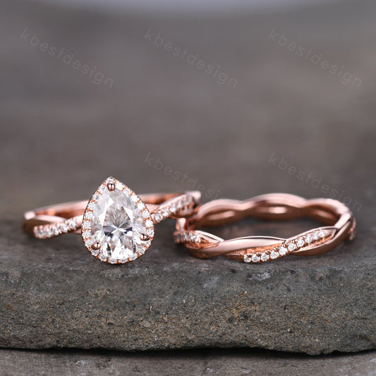 Twisted Pear Shaped Moissanite Engagement ring Set 6x8mm Teardrop 1.5CT Moissanite Ring Unique Infinity Wedding Ring Simulated Diamond Ring