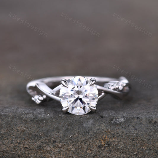 Antique twig Moissanite engagement ring 1.2CT round cut Simulated diamond ring art deco white gold bridal wedding ring unique promise ring