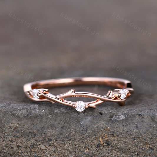 Twig moissanite wedding band rose gold art deco wedding ring for women three stone stacking band unique branch ring anniversary gift