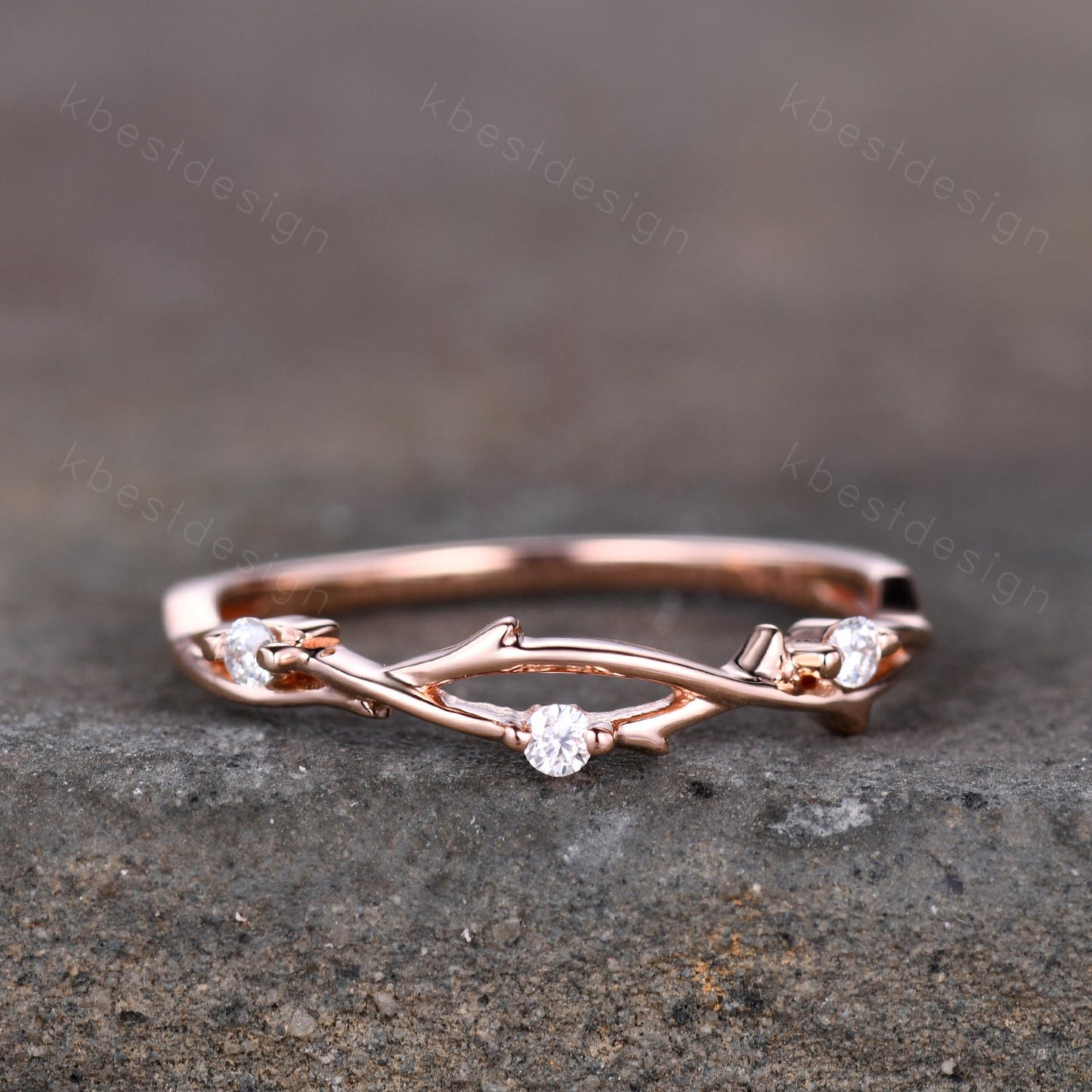Twig moissanite wedding band rose gold art deco wedding ring for women three stone stacking band unique branch ring anniversary gift