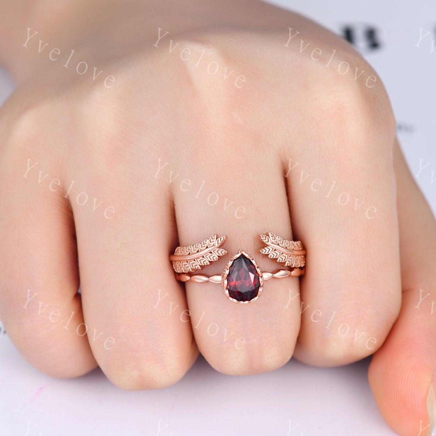 Vintage Pear Cut Red Garnet Engagement Ring Set Unique Leaf Twisted Design Ring Art Deco 14K Rose Gold Open Gap Band Bridal Set Customized