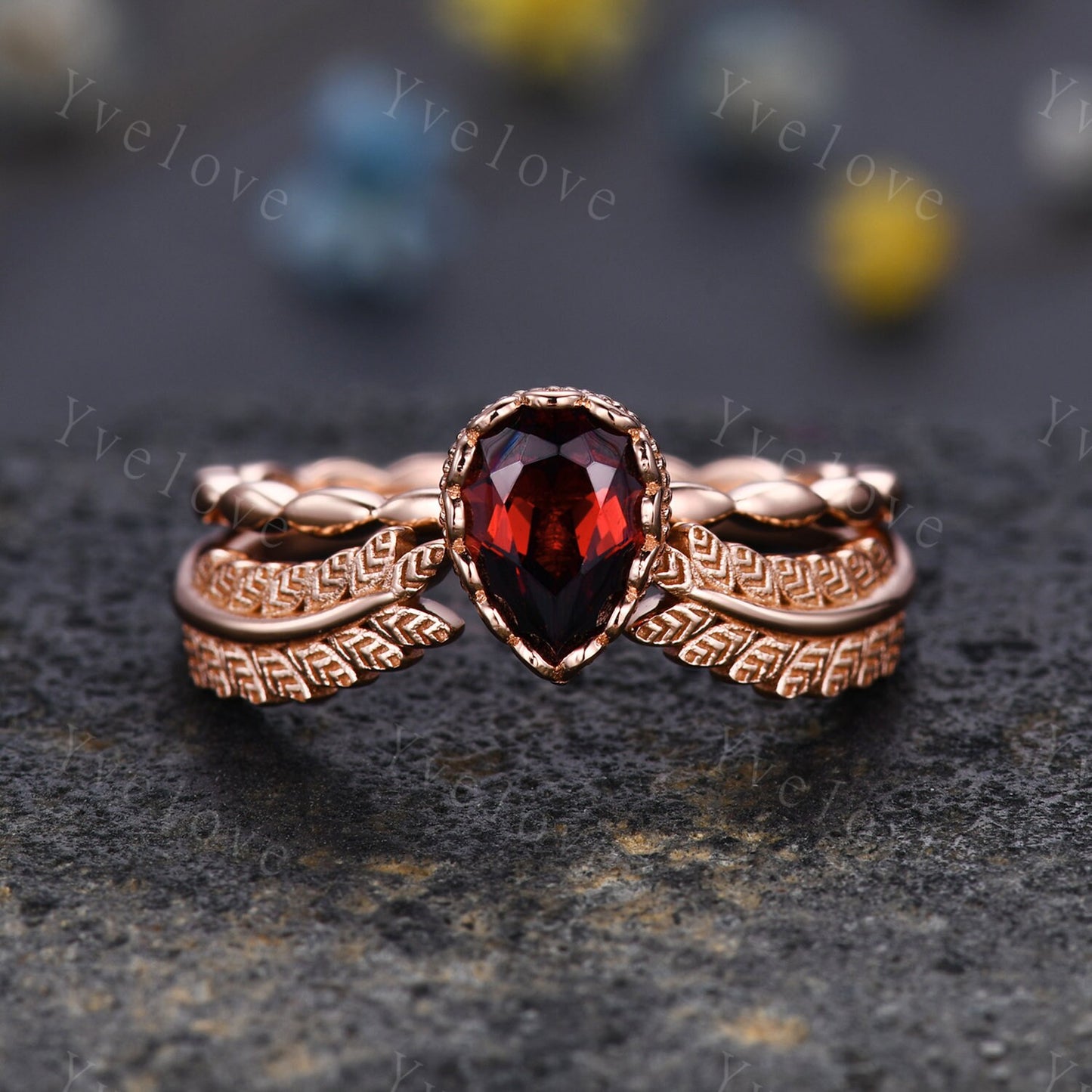 Vintage Pear Cut Red Garnet Engagement Ring Set Unique Leaf Twisted Design Ring Art Deco 14K Rose Gold Open Gap Band Bridal Set Customized