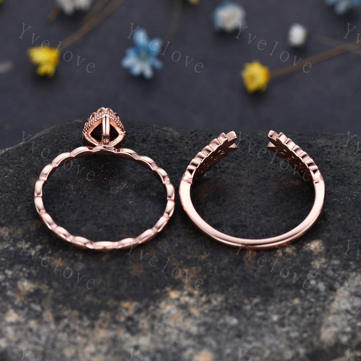 Vintage Pear Cut Red Garnet Engagement Ring Set Unique Leaf Twisted Design Ring Art Deco 14K Rose Gold Open Gap Band Bridal Set Customized