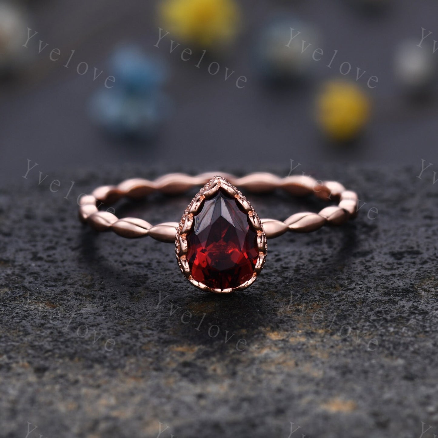 Vintage Pear Cut Red Garnet Engagement Ring Set Unique Leaf Twisted Design Ring Art Deco 14K Rose Gold Open Gap Band Bridal Set Customized