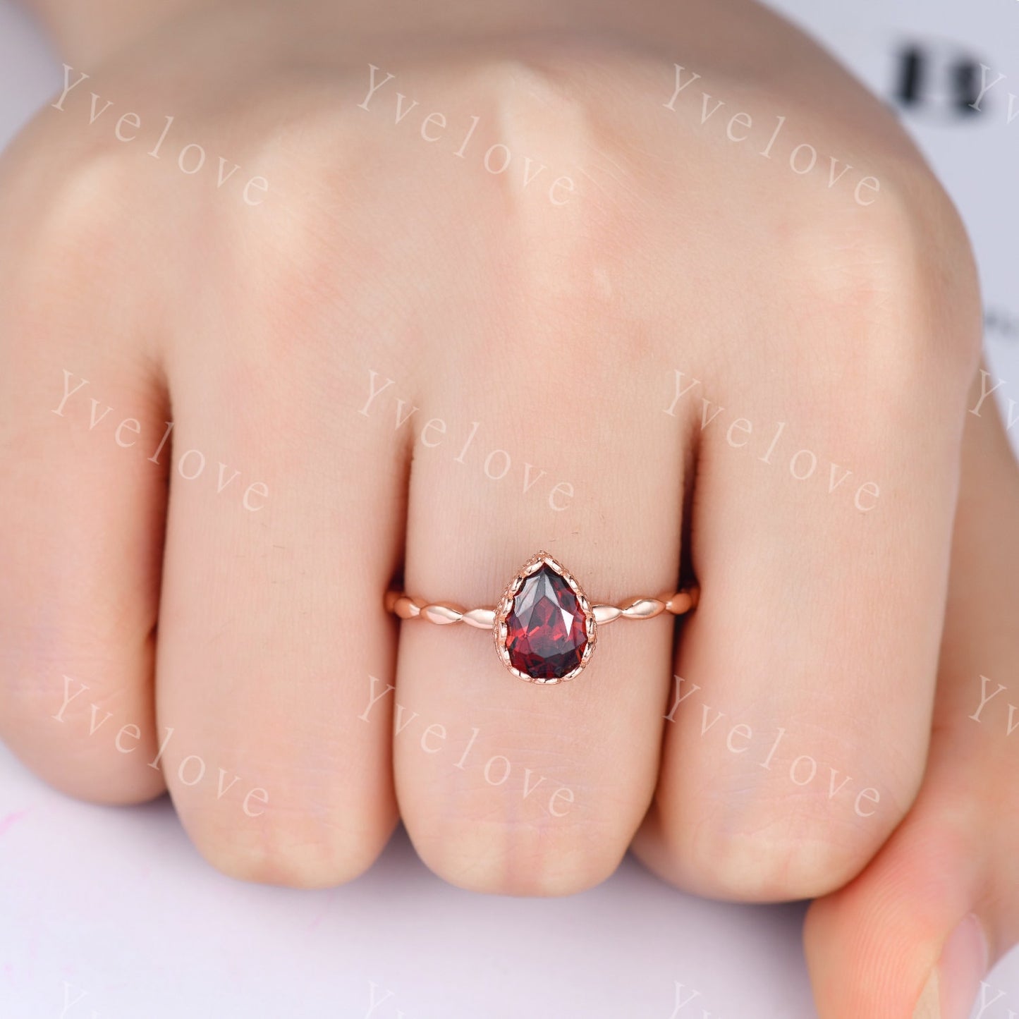 Vintage Pear Cut Red Garnet Engagement Ring Set Unique Leaf Twisted Design Ring Art Deco 14K Rose Gold Open Gap Band Bridal Set Customized