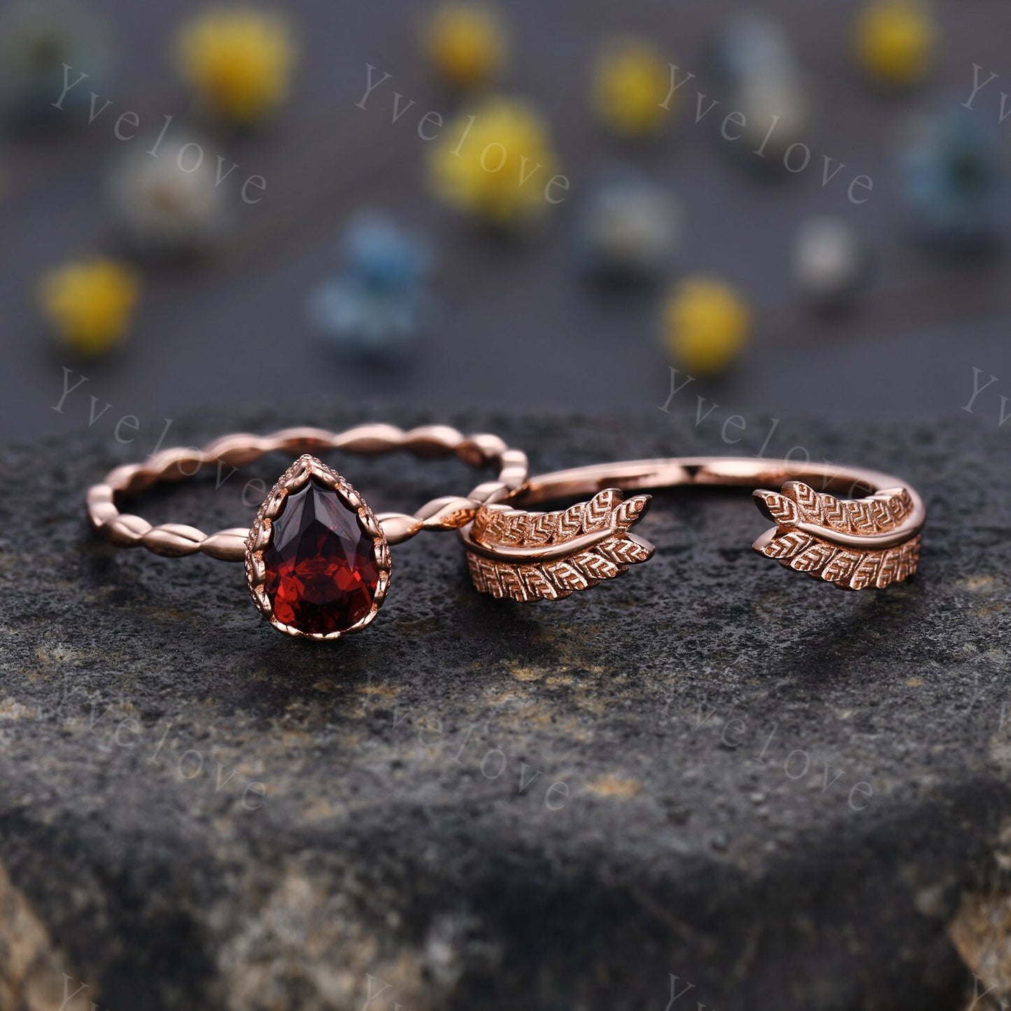 Vintage Pear Cut Red Garnet Engagement Ring Set Unique Leaf Twisted Design Ring Art Deco 14K Rose Gold Open Gap Band Bridal Set Customized