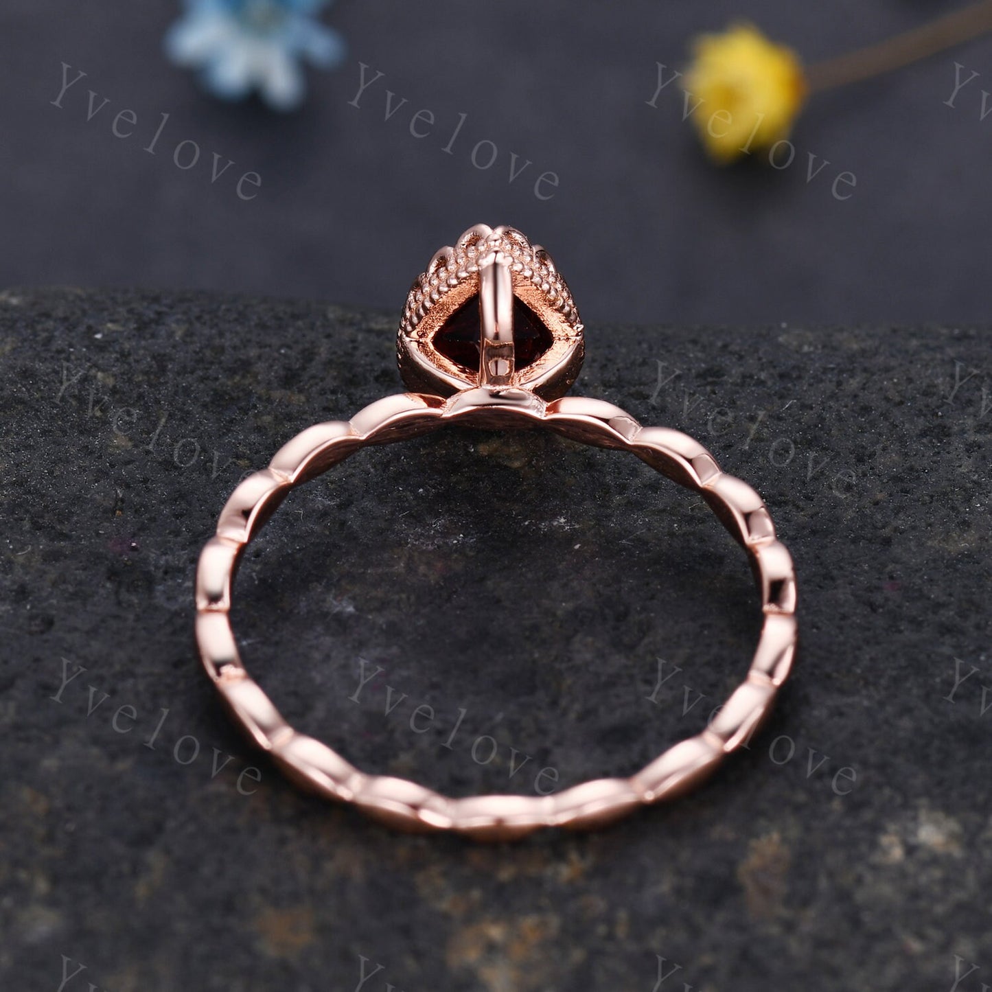 Vintage Oval Cut Red Garnet Engagement Ring Set Unique Leaf Twisted Design Ring Art Deco 14K Rose Gold Open Gap Band Bridal Set Customized