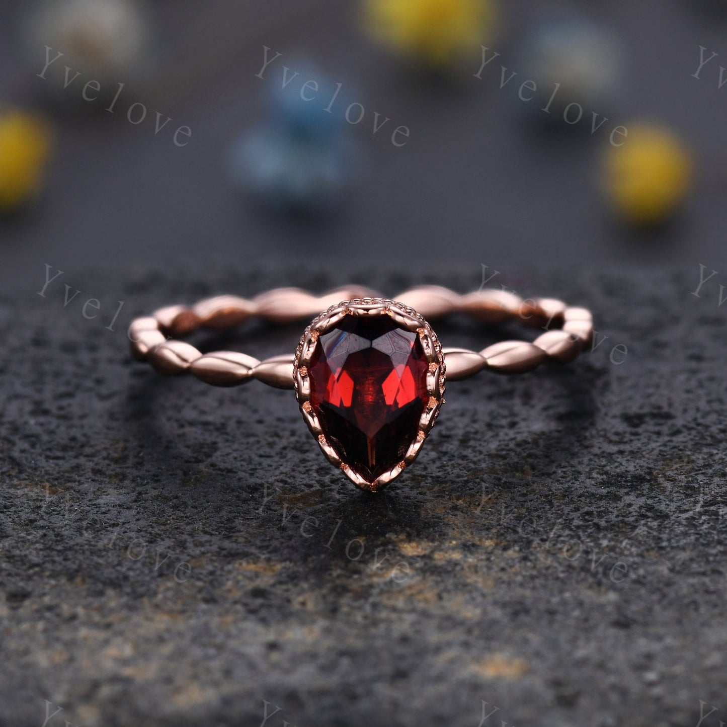 Vintage Oval Cut Red Garnet Engagement Ring Set Unique Leaf Twisted Design Ring Art Deco 14K Rose Gold Open Gap Band Bridal Set Customized